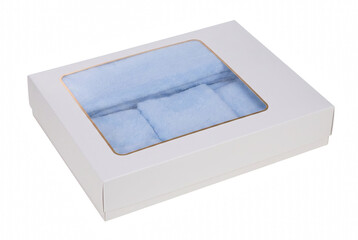 Soft Light Blue Plush Textile Set in a White Gift Box with Transparent Window © Nadira