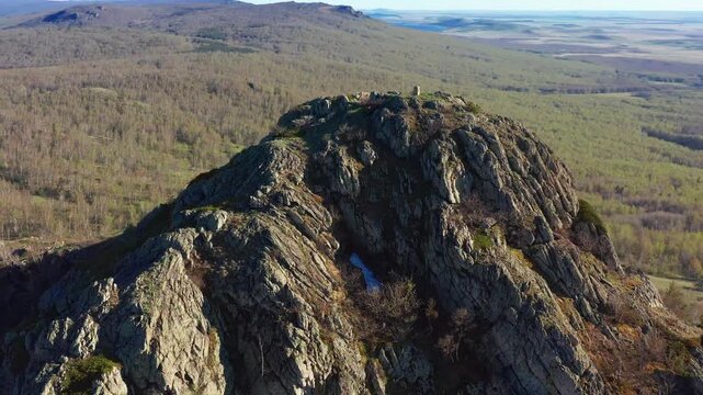 Southern Urals in spring: Yanguziai mountain of the Irendyk ridge. Aerial view.