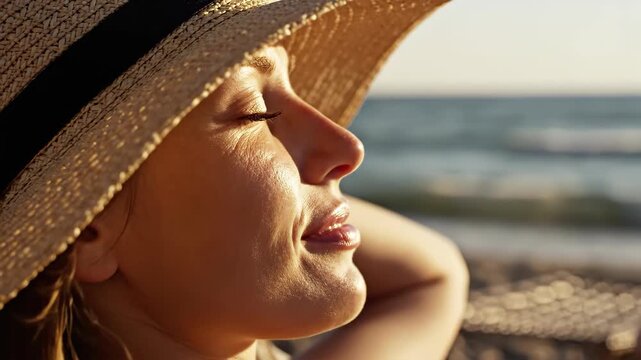 Caucasian woman wearing a straw hat relaxing on the beach at sunset. Profile view of girl enjoying sea breeze. Summer vacation tourism and seaside recreation