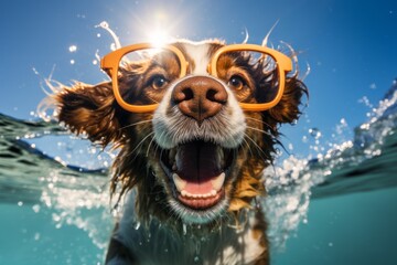Fototapeta premium Funny dog at the swimming pool, smiling and wearing goggles