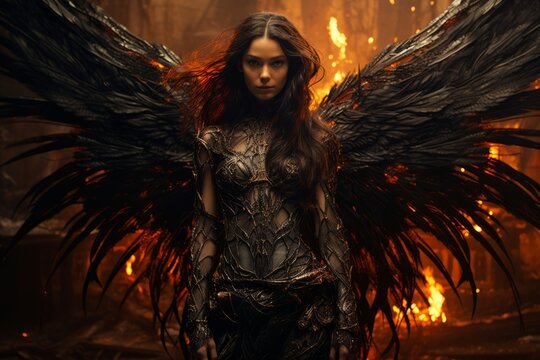 Fierce warrior woman with large dark feathered devil wings in armored fantasy costume against hellish fiery red background. Dark fantasy demon concept art.