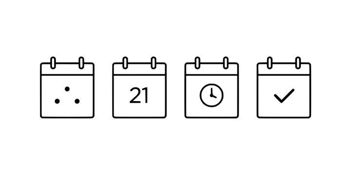 Calendar Icons in a Row Showing Birthday, Date 21, Clock, and Checkmark for Scheduling and Reminders Concept