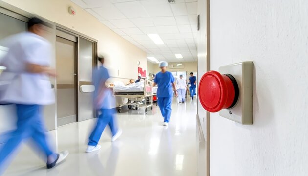 Blurred Hospital Corridor with Medical Personnel in Motion and Red Emergency Button