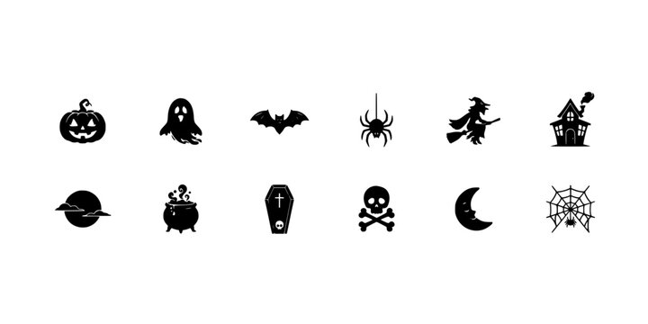 Icons of Halloween Symbols Including Jack O Lantern, Bat, Ghost, Witch, Coffin, Skull, and Spiderweb in Flat Style