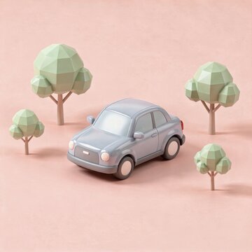 low poly car with trees, 3d rendering, eco friendly transportation