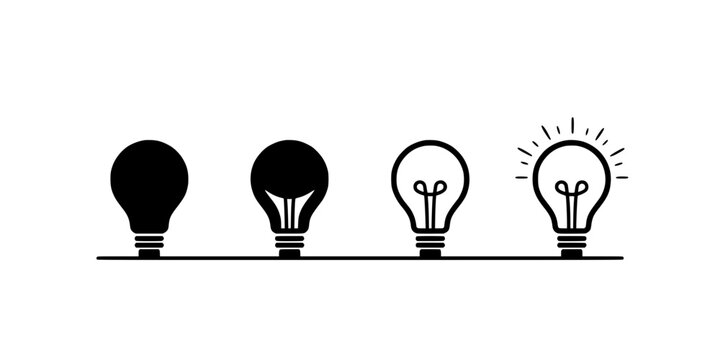 Lightbulb Icons in a Row with Four Different Illumination Levels on a Clean Horizontal Line for Idea and Energy Concept