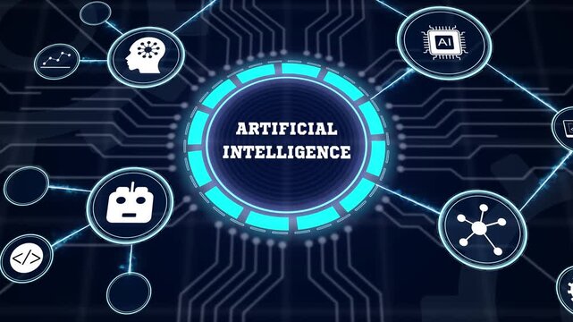 Artificial intelligence concept background with glowing digital neural network and smart machine learning icons on futuristic tech interface circuit.