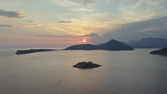 drone view of Mamula island stone fortress at golden hour, Montenegro