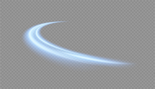 A curved glowing trail with a bright blue glow on a transparent background. Abstract vector curve for light overlays, game effects, and illustrations.