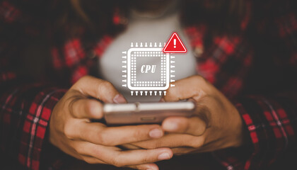 Smartphone CPU Warning with Error Icon Showing Performance Issue While User Holding Mobile Phone © Divyesh
