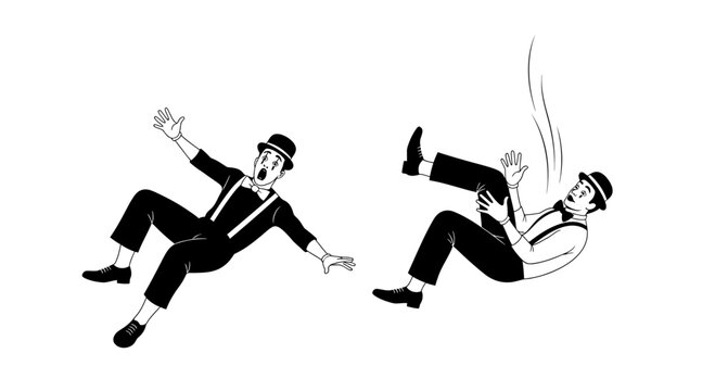 Clumsy Mime Performers Falling Mid-Air, Comedy Duo in Black and White