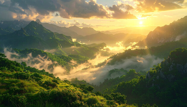 Golden Sunrise Over Misty Green Mountain Valley
