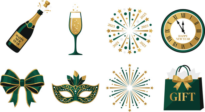 New Year Celebration Icon Set with Champagne Fireworks Clock and Party Elements
