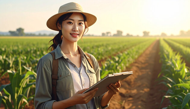 Young Asian Female Farmer with Tablet in Green Corn Field