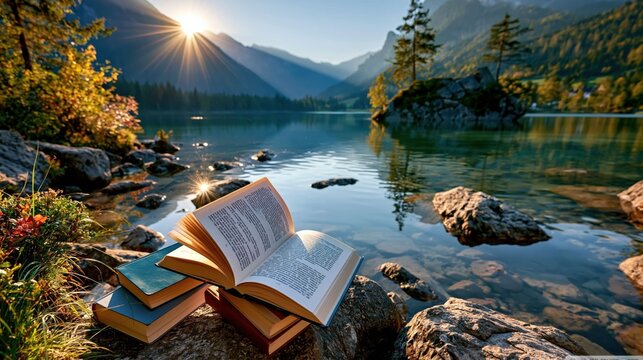 Sun rises above mountains reflecting on water. Several books sit on rocks by lake. Trees are visible around water. Bright sunlight shines through pages