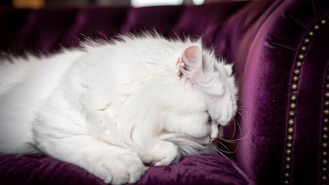 White persian cat sitting on a plush purple velvet sofa