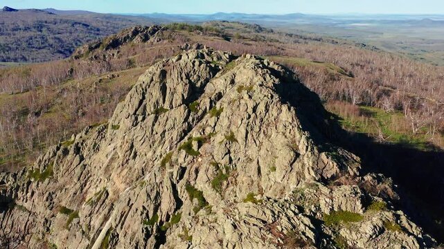 Southern Urals in spring: Yanguziai mountain of the Irendyk ridge. Aerial view.