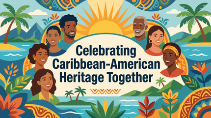Fototapeta premium Diverse Group Celebrating Caribbean Heritage on Tropical Island with Sunrise