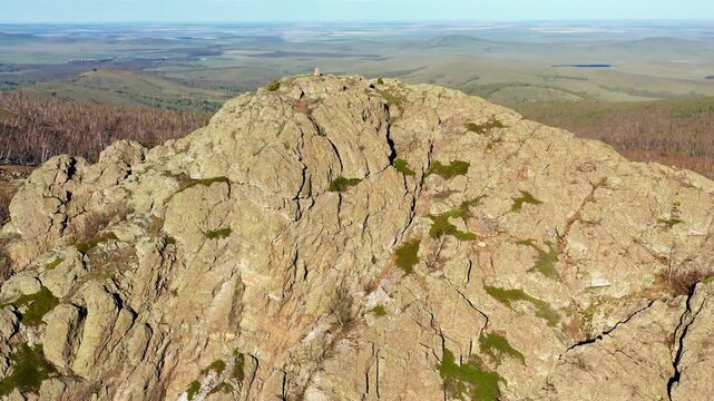 Southern Urals in spring: Yanguziai mountain of the Irendyk ridge. Aerial view.