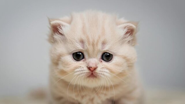 Adorable fluffy persian kitten tilting its head against a gray wall