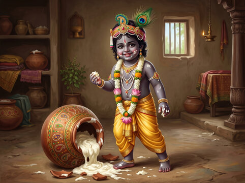 Bal Krishna Makhan Chor Leela Breaking the Butter Pot Inside Mother Yashoda's Gokul Home Depicting the Divine Childhood Pastime from Bhagavata Purana Celebrated During Krishna Janmashtami