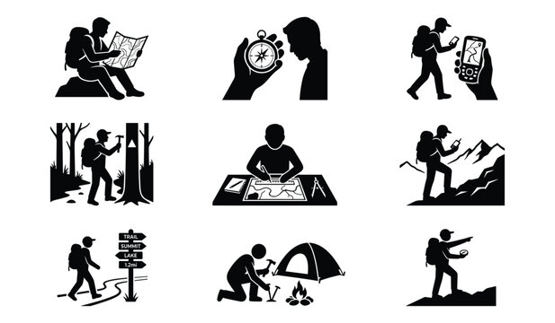 Comprehensive icons set for orienteering navigation and wilderness trail preparation tasks