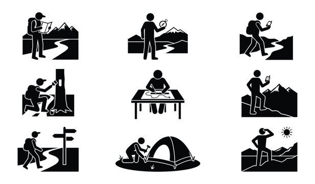 Modern navigation and hiking icons showing map reading trail markers and camping setups