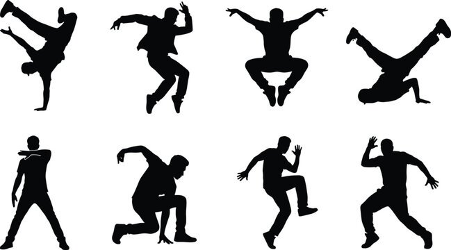 Hip hop and breakdance dancers black silhouette icons set featuring young men performing dynamic street dance moves and poses