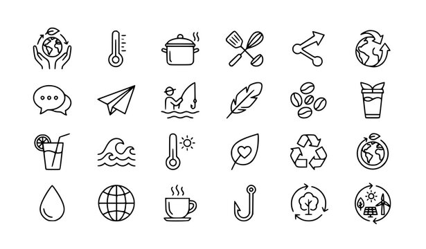 Environmental communication food and weather line icon set vector