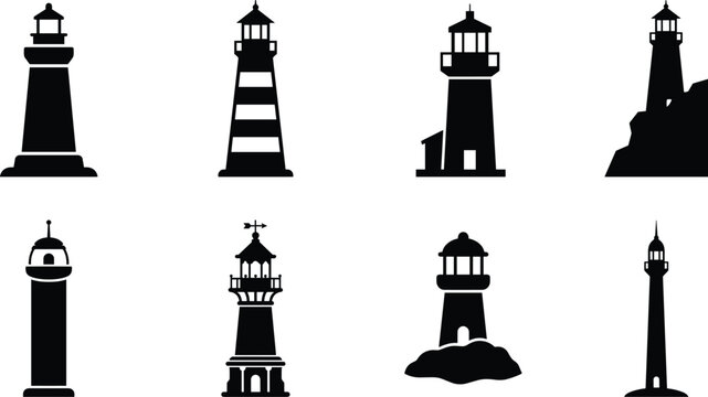 Lighthouse Silhouette Collection with Coastal Beacon Towers and Maritime Landmarks