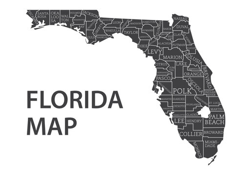 Florida counties map with names displayed in clean black and white design style