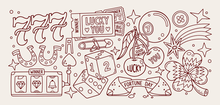lucky game casino pattern, fortune win luck sketch, hand drawn game icons, winning gambling sport graphic, lucky charm life line art, whimsical casino play theme, artistic fortune game backdrop, creat