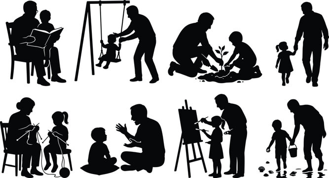 Grandparents and grandchildren silhouettes collection featuring reading storybook pushing swing gardening knitting painting and walking on beach