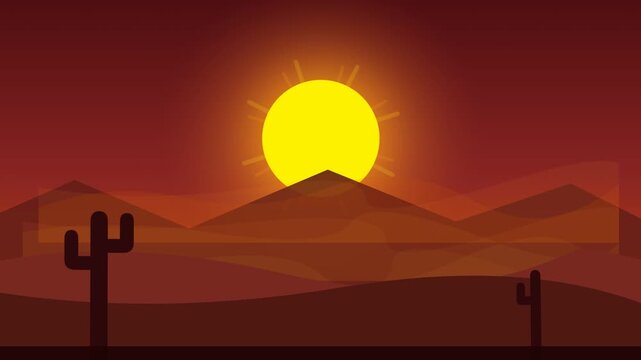 Flat Design Desert Landscape with Glowing Sun and Cactus at Sunset
