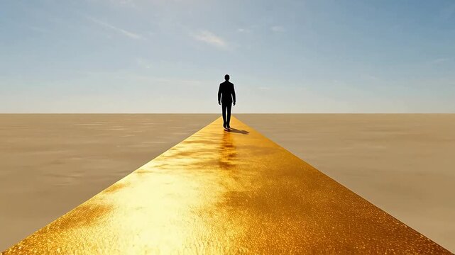 Silhouette of a person walking on golden path