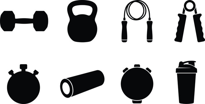 Fitness and gym equipment icons set featuring dumbbell kettlebell skipping rope hand gripper stopwatch foam roller and shaker bottle silhouettes