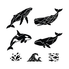 Set of abstract geometric black silhouettes of whales, orca, waves, and fish © ADURI
