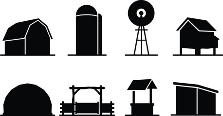 Farm buildings and agriculture vector icon set featuring barn silo windmill chicken coop ranch gate and shed silhouettes © MstRehna