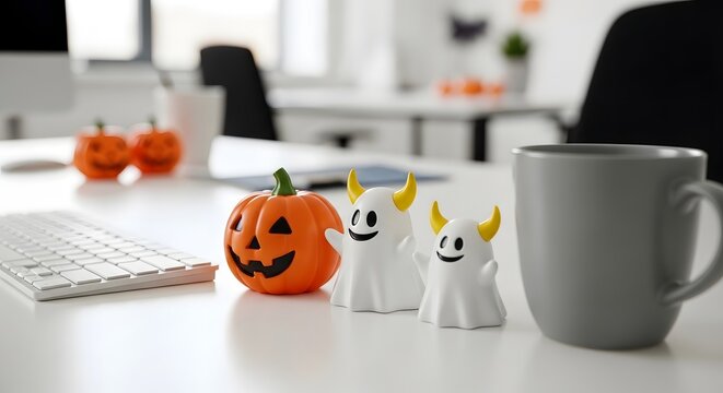Close up of halloween desk decorations with ghost figures and pumpkin