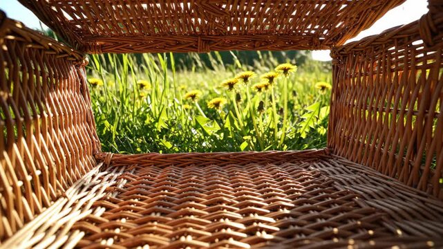 Interior view of woven basket looking out at field of yellow dandelion flowers. Empty picnic container framing summer meadow. Rural landscape background design