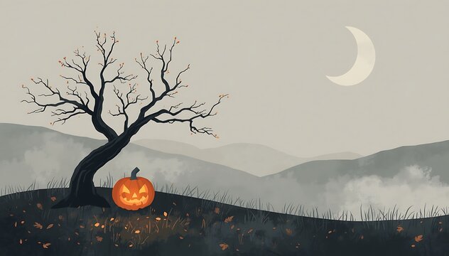 Halloween And Painting Spooky Minimalist Jack O Lantern Pumpkin Under Bare Tree at Night With Crescent Moon Spooky Digital For Halloween Decor