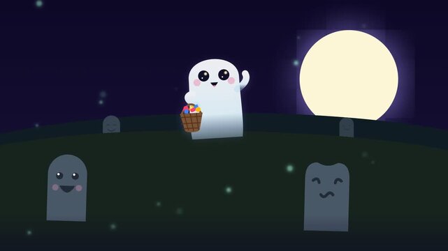 Cute Cartoon Ghost Trick or Treating in a Spooky Graveyard at Night.