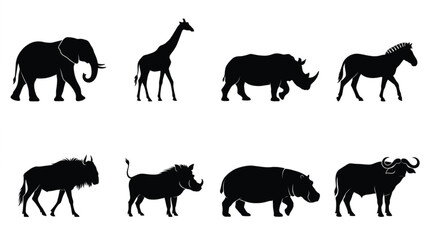 Obraz premium African Safari Animals Silhouettes Set of Elephant Giraffe Rhino Zebra Hippo and Wildebeest Icons