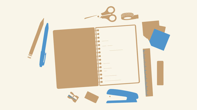 Open spiral notebook surrounded by blue and brown school stationery