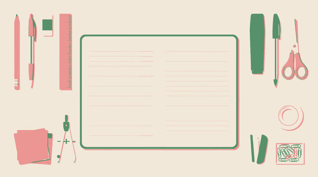 Lined open notebook with pink and green school accessories