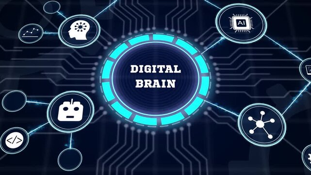 Futuristic artificial intelligence interface showing a digital brain layout with glowing cybernetic smart nodes and computer data processing indicators.