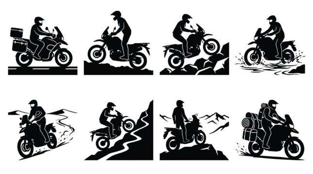 Adventure Motorcycle Rider Silhouettes Set of Dual Sport Enduro Motorbike Touring and Off Road Riding Icons
