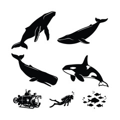Set of black silhouettes whales, orca, diver, submarine, and school of fish © ADURI