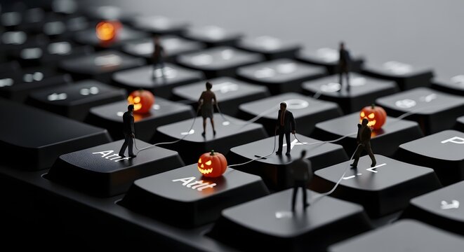 Miniature people interacting with glowing jackolanterns on a keyboard