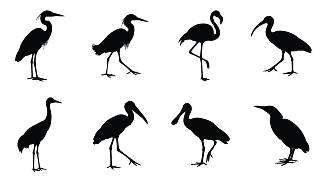 Wading Birds Silhouettes Set of Heron Flamingo Egret and Stork for Nature and Wildlife Designs